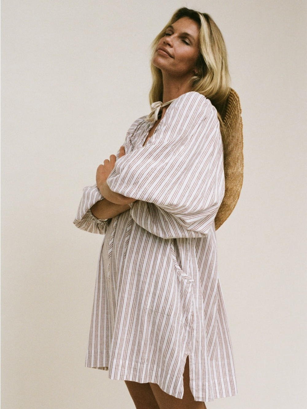 Daughters of India Poet Mini Dress in Vanilla with Rust Stripes Small - Picture 8 of 15